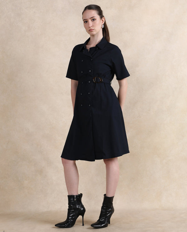 Rareism Women Crypty Navy Regular Sleeves Collared Neck Button Closure A-Line Knee Length Plain Dress