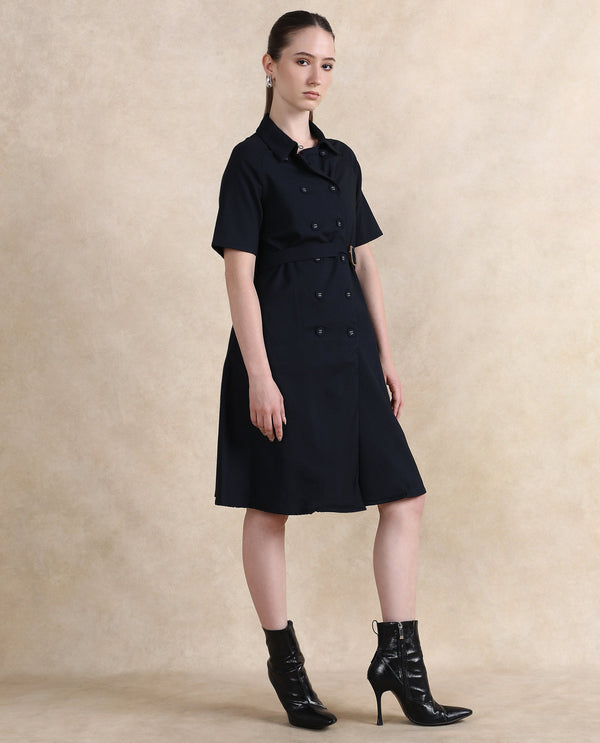 Rareism Women Crypty Navy Regular Sleeves Collared Neck Button Closure A-Line Knee Length Plain Dress