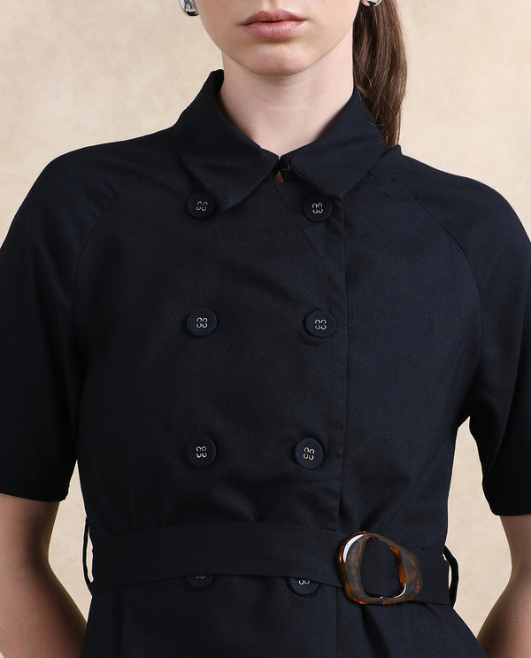 Rareism Women Crypty Navy Regular Sleeves Collared Neck Button Closure A-Line Knee Length Plain Dress