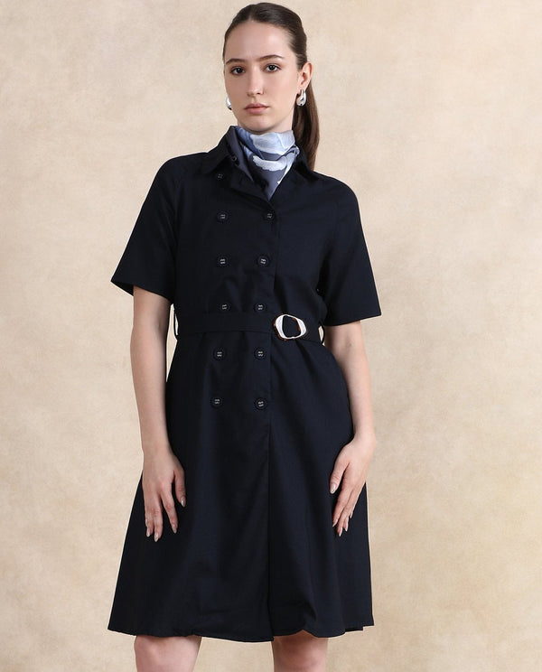 Rareism Women Crypty Navy Regular Sleeves Collared Neck Button Closure A-Line Knee Length Plain Dress