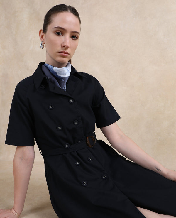 Rareism Women Crypty Navy Regular Sleeves Collared Neck Button Closure A-Line Knee Length Plain Dress