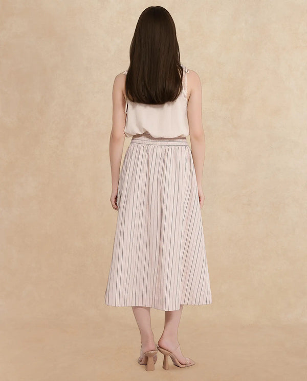 Rareism Women Cuba-B Light Beige Cotton Fabric Stripe Ankle Length Skirt