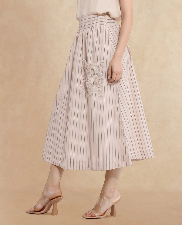 Rareism Women Cuba-B Light Beige Cotton Fabric Stripe Ankle Length Skirt