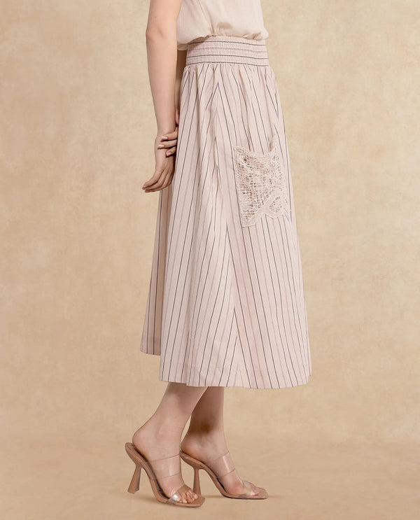 Rareism Women Cuba-B Light Beige Cotton Fabric Stripe Ankle Length Skirt