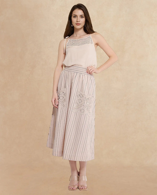 Rareism Women Cuba-B Light Beige Cotton Fabric Stripe Ankle Length Skirt