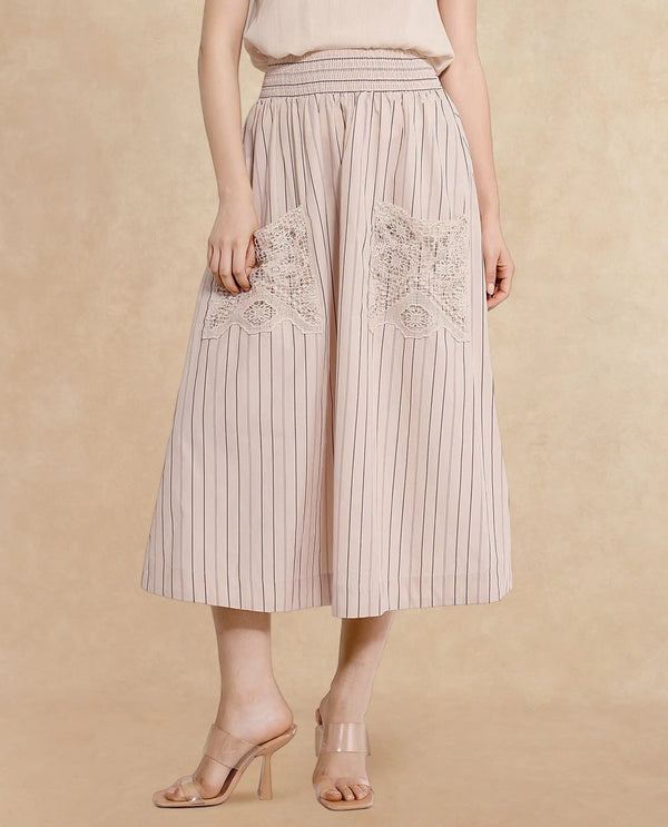 Rareism Women Cuba-B Light Beige Cotton Fabric Stripe Ankle Length Skirt