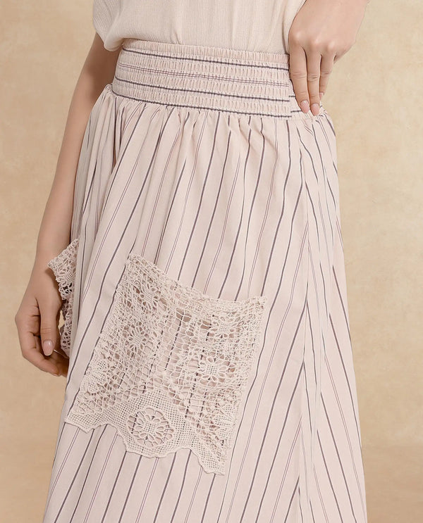 Rareism Women Cuba-B Light Beige Cotton Fabric Stripe Ankle Length Skirt