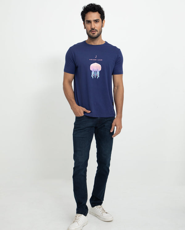 Rare Rabbit Men's Cubana Blue Crew Neck Discharge Print Half Sleeves Slim Fit T-Shirt