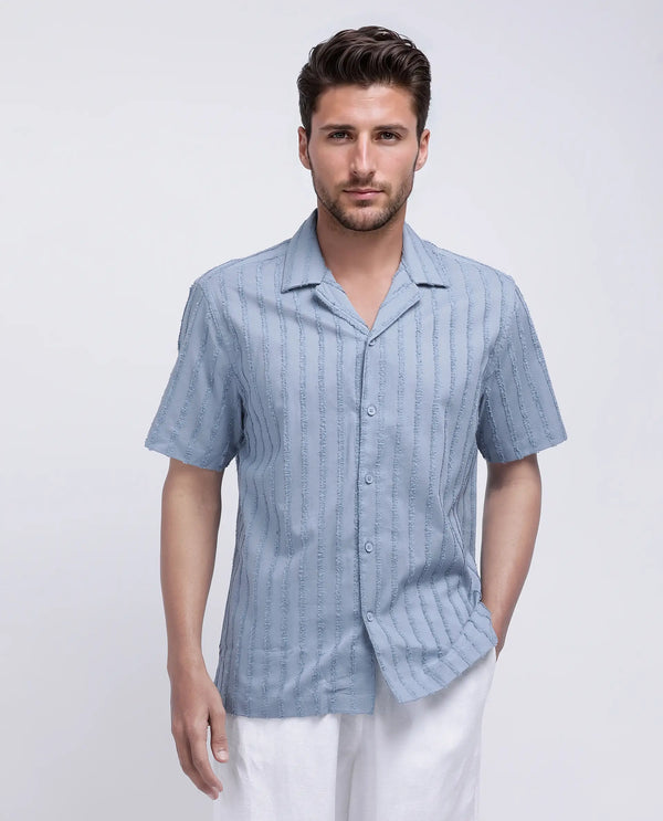 Rare Rabbit Men's Cuen Blue Cotton Fabric Short Sleeve Collared Neck Button Closure Printed Shirt