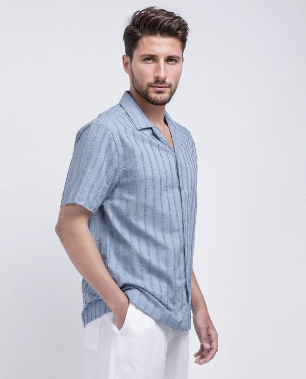 Rare Rabbit Men's Cuen Blue Cotton Fabric Short Sleeve Collared Neck Button Closure Printed Shirt