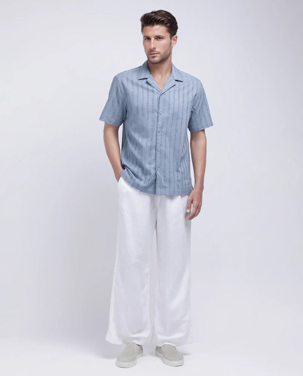 Rare Rabbit Men's Cuen Blue Cotton Fabric Short Sleeve Collared Neck Button Closure Printed Shirt