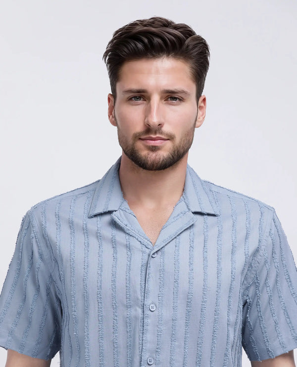 Rare Rabbit Men's Cuen Blue Cotton Fabric Short Sleeve Collared Neck Button Closure Printed Shirt