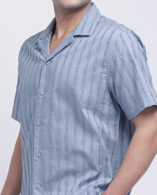 Rare Rabbit Men's Cuen Blue Cotton Fabric Short Sleeve Collared Neck Button Closure Printed Shirt