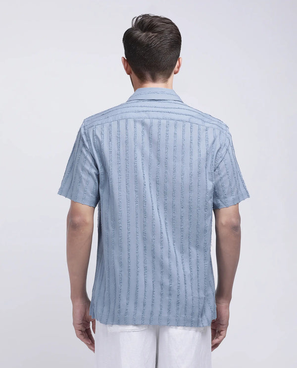 Rare Rabbit Men's Cuen Blue Cotton Fabric Short Sleeve Collared Neck Button Closure Printed Shirt