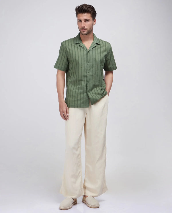 Rare Rabbit Men's Cuen Dark Green Cotton Fabric Short Sleeve Cuban Collar Striped Shirt