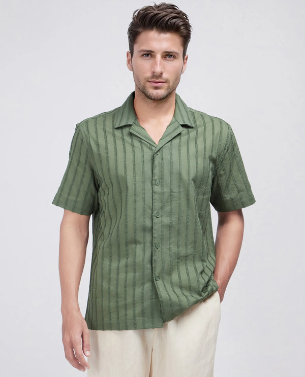 Rare Rabbit Men's Cuen Dark Green Cotton Fabric Short Sleeve Cuban Collar Striped Shirt