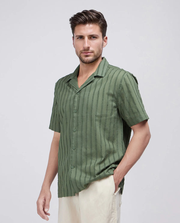 Rare Rabbit Men's Cuen Dark Green Cotton Fabric Short Sleeve Cuban Collar Striped Shirt