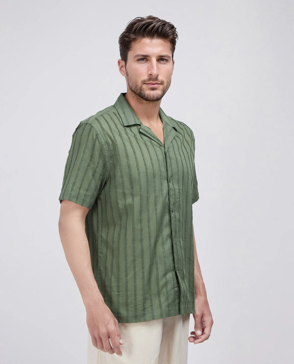 Rare Rabbit Men's Cuen Dark Green Cotton Fabric Short Sleeve Cuban Collar Striped Shirt