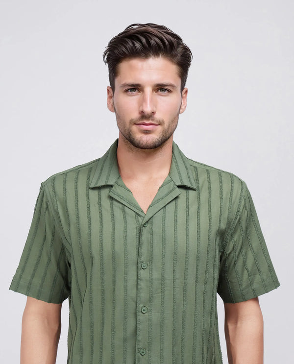 Rare Rabbit Men's Cuen Dark Green Cotton Fabric Short Sleeve Cuban Collar Striped Shirt