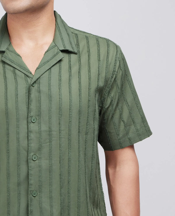 Rare Rabbit Men's Cuen Dark Green Cotton Fabric Short Sleeve Cuban Collar Striped Shirt