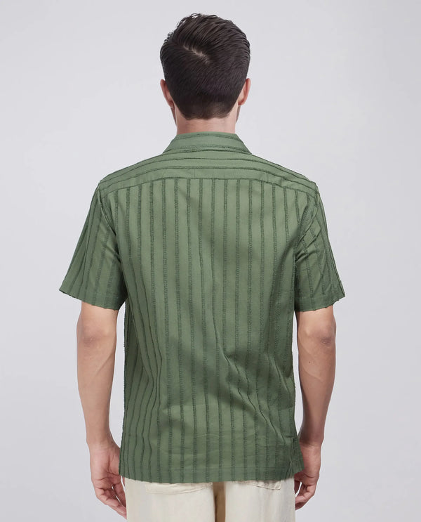 Rare Rabbit Men's Cuen Dark Green Cotton Fabric Short Sleeve Cuban Collar Striped Shirt