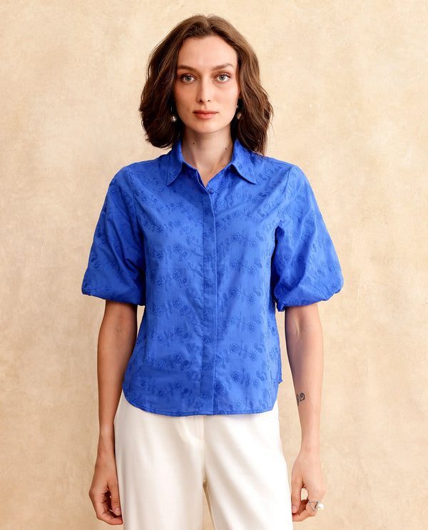 Rareism Women Cuire Blue Balloon Sleeve Collared Neck Button Closure Regular Fit Embroidered Shirt