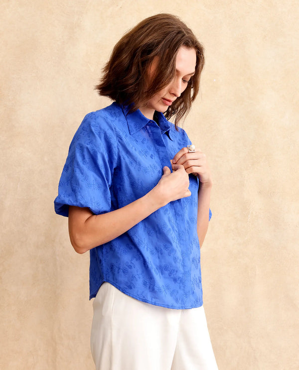 Rareism Women Cuire Blue Balloon Sleeve Collared Neck Button Closure Regular Fit Embroidered Shirt