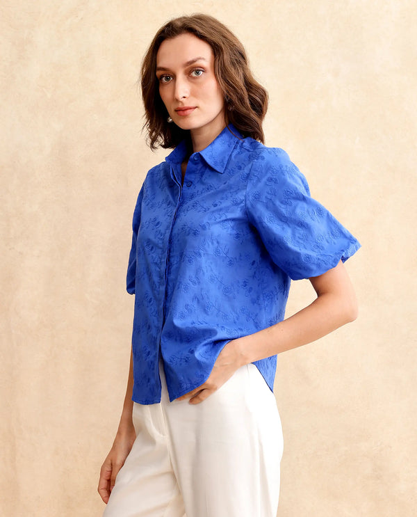 Rareism Women Cuire Blue Balloon Sleeve Collared Neck Button Closure Regular Fit Embroidered Shirt