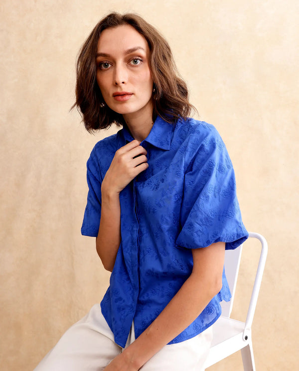 Rareism Women Cuire Blue Balloon Sleeve Collared Neck Button Closure Regular Fit Embroidered Shirt