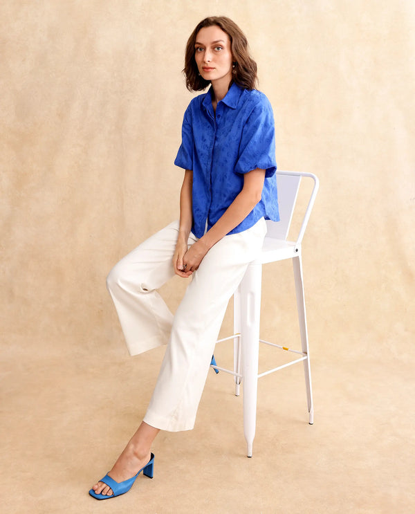 Rareism Women Cuire Blue Balloon Sleeve Collared Neck Button Closure Regular Fit Embroidered Shirt