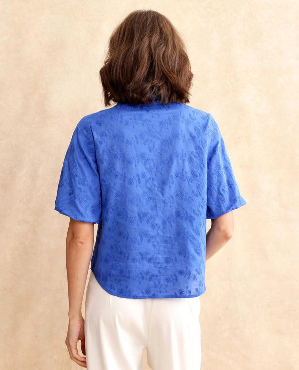 Rareism Women Cuire Blue Balloon Sleeve Collared Neck Button Closure Regular Fit Embroidered Shirt