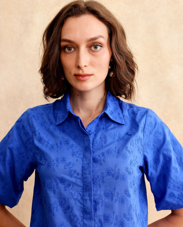 Rareism Women Cuire Blue Balloon Sleeve Collared Neck Button Closure Regular Fit Embroidered Shirt