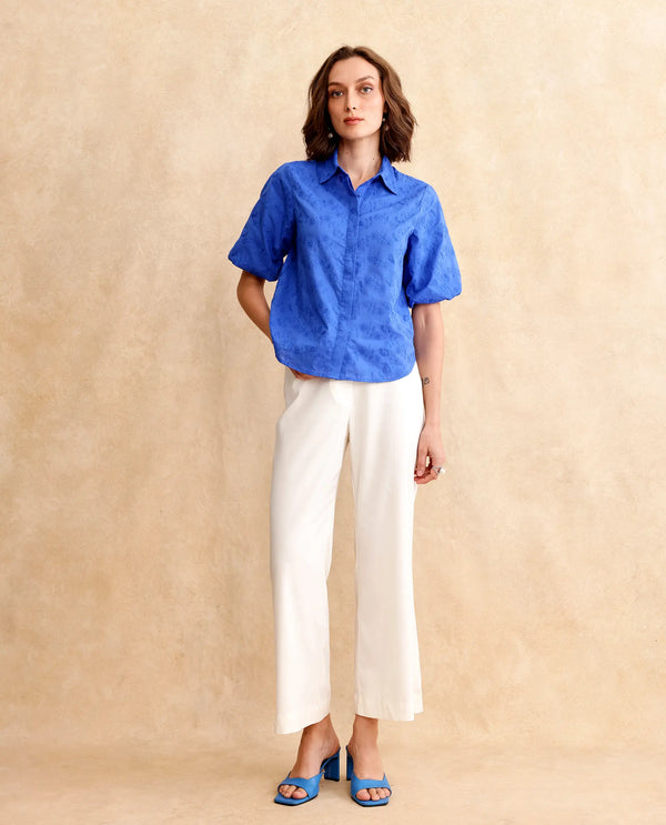 Rareism Women Cuire Blue Balloon Sleeve Collared Neck Button Closure Regular Fit Embroidered Shirt