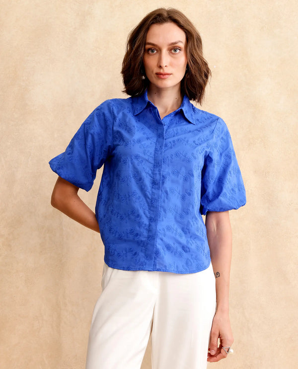 Rareism Women Cuire Blue Balloon Sleeve Collared Neck Button Closure Regular Fit Embroidered Shirt
