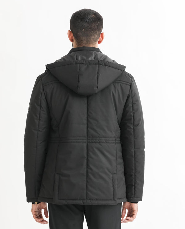 Rare Rabbit Men's Culture Black Plain Quilted Detachable Hood Puffer Jacket