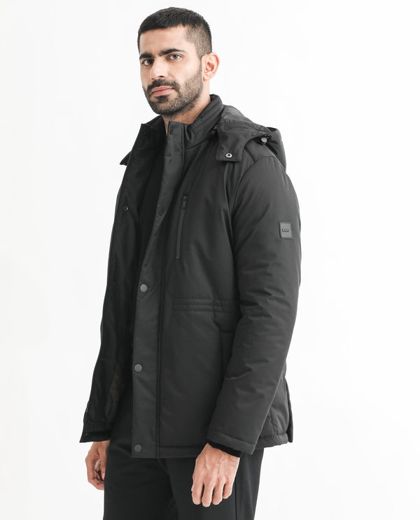 Rare Rabbit Men's Culture Black Plain Quilted Detachable Hood Puffer Jacket