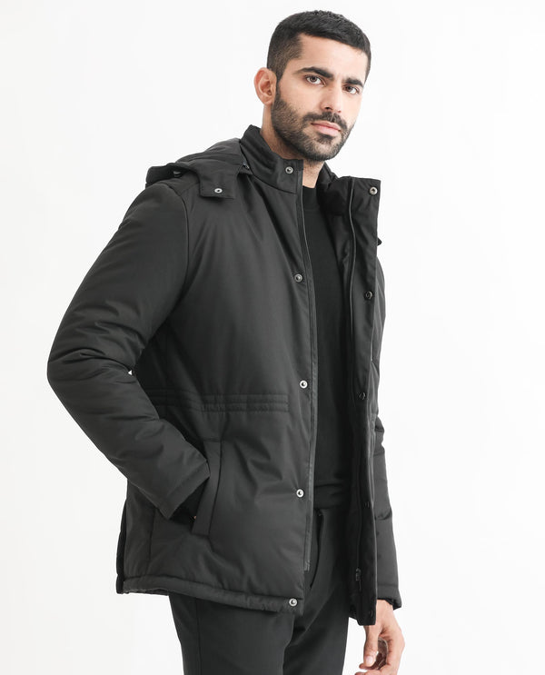 Rare Rabbit Men's Culture Black Plain Quilted Detachable Hood Puffer Jacket