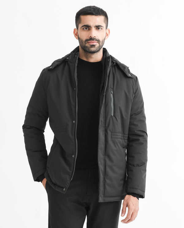 Rare Rabbit Men's Culture Black Plain Quilted Detachable Hood Puffer Jacket