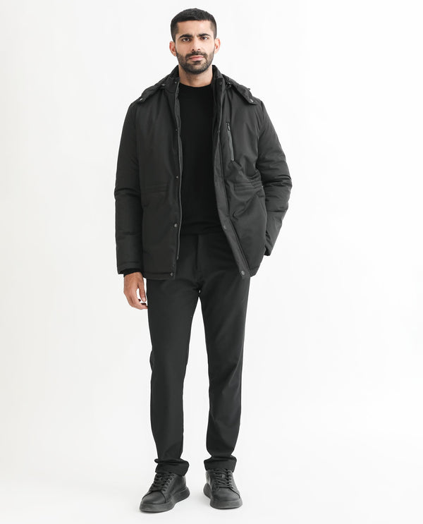 Rare Rabbit Men's Culture Black Plain Quilted Detachable Hood Puffer Jacket