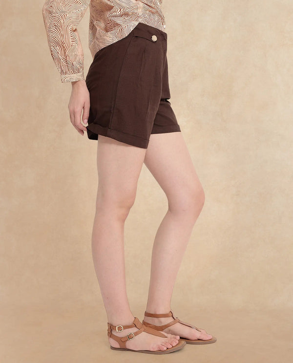 Rareism Women Cunelo Brown Cotton Fabric Plain Mini Shorts