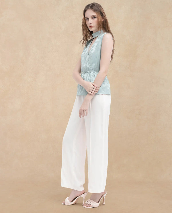 Rareism Women Cupid Light Blue Polyester Fabric Sleeveless Cut Away Collar Textured Top