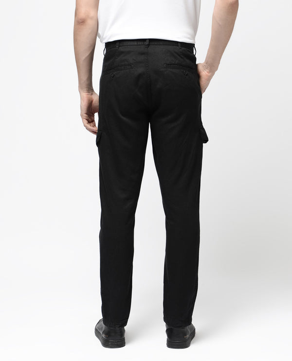 Rare Rabbit Men's Curon Black Mid Rise Regular Fit Cotton Cargo Style Solid Trousers