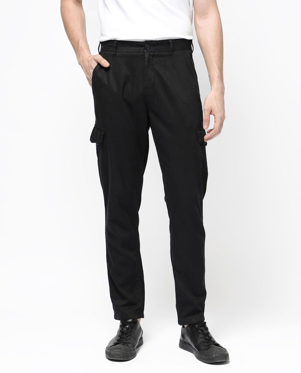 Rare Rabbit Men's Curon Black Mid Rise Regular Fit Cotton Cargo Style Solid Trousers