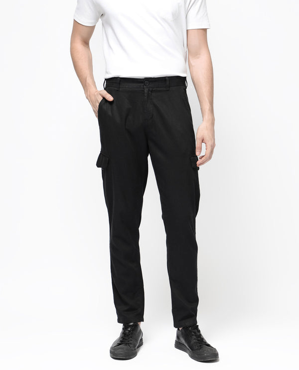 Rare Rabbit Men's Curon Black Mid Rise Regular Fit Cotton Cargo Style Solid Trousers