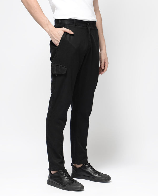 Rare Rabbit Men's Curon Black Mid Rise Regular Fit Cotton Cargo Style Solid Trousers