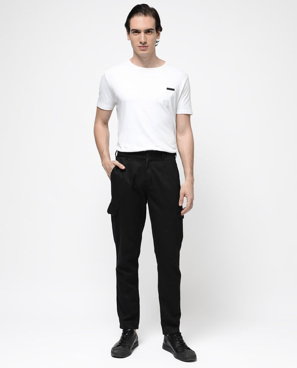 Rare Rabbit Men's Curon Black Mid Rise Regular Fit Cotton Cargo Style Solid Trousers