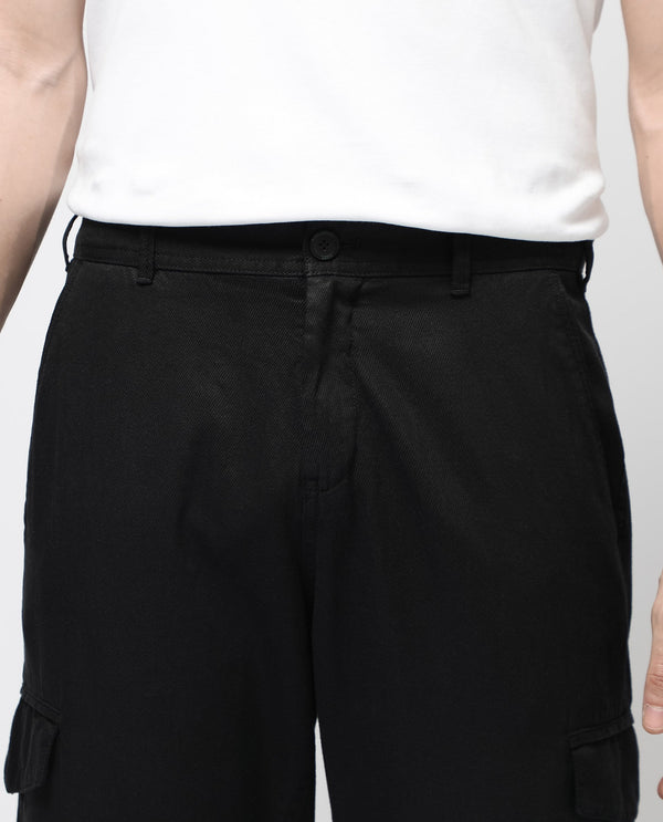 Rare Rabbit Men's Curon Black Mid Rise Regular Fit Cotton Cargo Style Solid Trousers