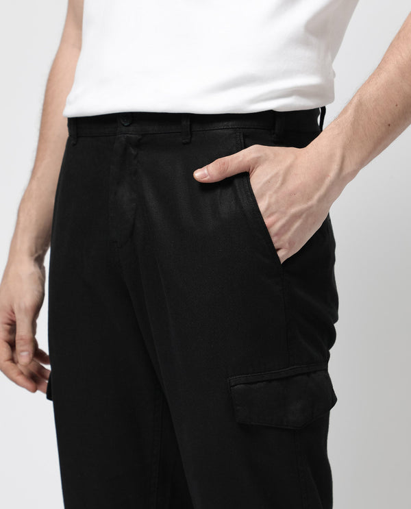 Rare Rabbit Men's Curon Black Mid Rise Regular Fit Cotton Cargo Style Solid Trousers