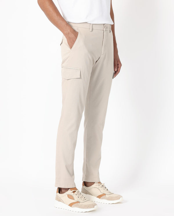 Rare Rabbit Men's Curo Beige Solid Mid-Rise Regular Fit Cargo Style Trouser