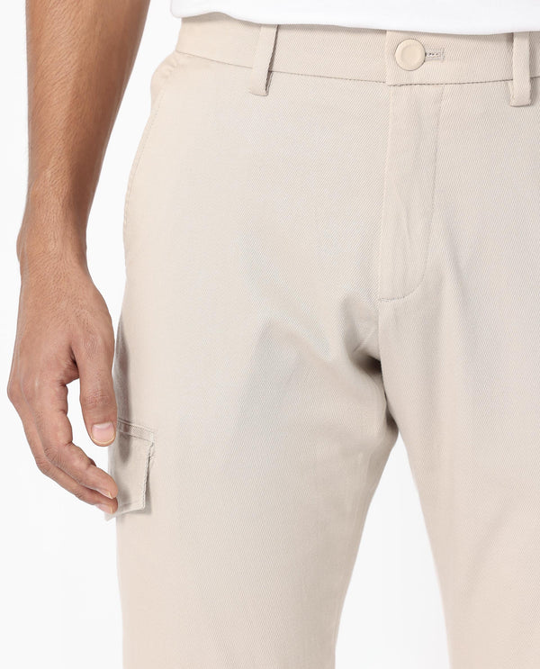 Rare Rabbit Men's Curo Beige Solid Mid-Rise Regular Fit Cargo Style Trouser